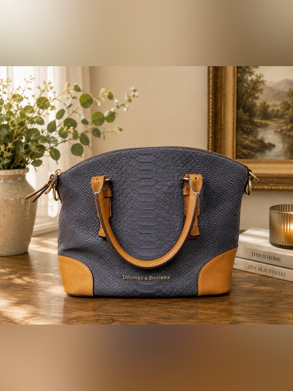 Dooney & Bourke Claremont python navy and Tan Shoulder Bag satchel
